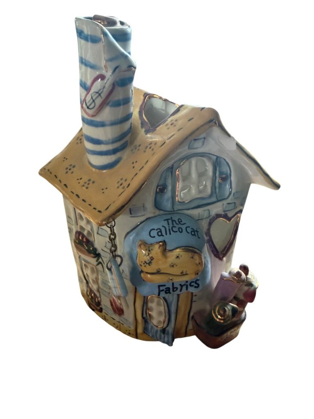 Hand-Painted Ceramic Candle House "The Calico Cat Fabrics" By Heather Goldminc